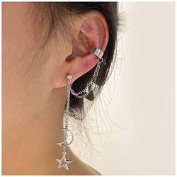 Cimenexe Bohemian Star Moon Cuff Chain Ohrringe Crescent Moon Knorpel Cuff Ohrringe Star Quaste Chain Studs Ohrring Hollow Star Dangle Ohrringe Silver Moon Drop Studs Ohrringe Schmuck für Frauen und von Cimenexe