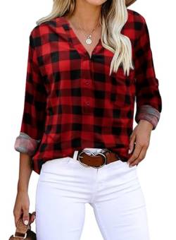 Cindeyar Bluse Damen Langarm Streifen Oberteile Casual Langarmshirt Tops Lose Baumwolle Tunika Hemd（M,O Rot-Kariertes von Cindeyar