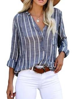 Cindeyar Bluse Damen Langarm Streifen Oberteile Casual Langarmshirt Tops Lose Baumwolle Tunika Hemd (L, Blau 2) von Cindeyar