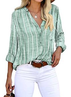 Cindeyar Bluse Damen Langarm Streifen Oberteile Casual Langarmshirt Tops Lose Baumwolle Tunika Hemd (L, Grün) von Cindeyar