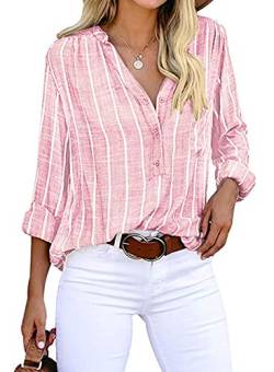 Cindeyar Bluse Damen Langarm Streifen Oberteile Casual Langarmshirt Tops Lose Baumwolle Tunika Hemd (L, Rosa) von Cindeyar