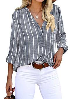 Cindeyar Bluse Damen Langarm Streifen Oberteile Casual Langarmshirt Tops Lose Baumwolle Tunika Hemd (XL, Dunkelblau) von Cindeyar