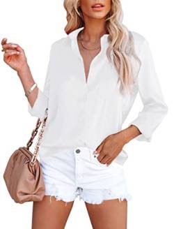 Cindeyar Damen Bluse V-Ausschnitt Elegant Langarm Business Oberteile Casual Lose Hemd Einfarbig Langarmshirt mit Tasche(Weiß,l) von Cindeyar