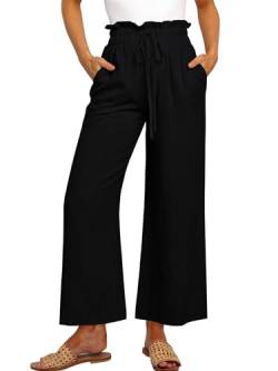 Cindeyar Hose Damen Leinenhose Sommer Casual Leichte Palazzo Hose Hohe Taille Einfarbig Leinen Freizeithose Sommerhose Mit Taschen und Tunnelzug (Schwarz, XL) von Cindeyar