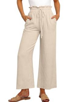 Cindeyar Leinenhose Damen Hosen Sommer Casual Leichte Palazzo Hose Hohe Taille Einfarbig Leinen Freizeithose Sommerhose Mit Taschen und Tunnelzug (Khaki, L) von Cindeyar