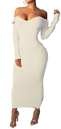 Cinyifaan Damen Casual Schulterfrei Lange Ärmel Slim Knit Bodycon Pulloverkleid Midi Bleistiftkleid, A-weiß, Mittel von Cinyifaan