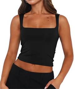 Cioatin Damen Basic Ärmelloses Riemchen U-Ausschnitt Crop Tank Top Y2K Skinny Workout Cropped Cami Shirt 2023 Trendy, Schwarz, Mittel von Cioatin