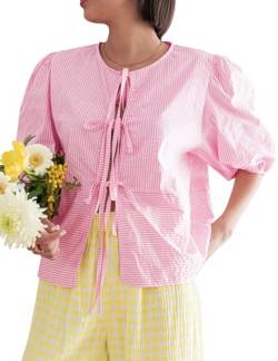 Cioatin Damen Bluse mit Schleife vorne, gestreift, mit Schößchen, halbe Puffärmel, Y2K, Babydoll, Kokette zum Ausgehen, rosa streifen, Mittel von Cioatin