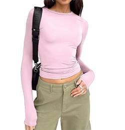 Cioatin Damen Langarm Rundhals Crop Top Tee Shirt Basic Solid Y2K Eng Slim Fit Cropped Shirt Workout Yoga, Pink, Mittel von Cioatin