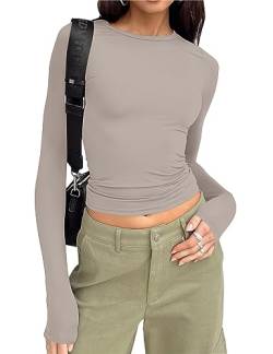 Cioatin Damen Langarm Rundhals Crop Top Tee Shirt Basic Solid Y2K Tight Slim Fit Cropped Shirt Workout Yoga, Grau - Mocha Grey, Klein von Cioatin