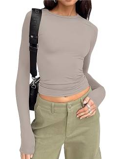 Cioatin Damen Langarm Rundhals Crop Top Tee Shirt Basic Solid Y2K Tight Slim Fit Cropped Shirt Workout Yoga, Grau - Mocha Grey, Mittel von Cioatin