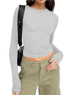 Cioatin Damen Langarm Rundhals Crop Top Tee Shirt Basic Solid Y2K Tight Slim Fit Cropped Shirt Workout Yoga, Hellgrau, Klein von Cioatin