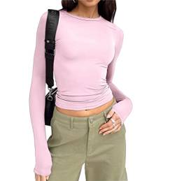 Cioatin Damen Langarm Rundhals Crop Top Tee Shirt Basic Solid Y2K Tight Slim Fit Cropped Shirt Workout Yoga, Pink, Klein von Cioatin