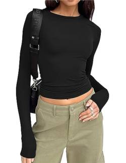 Cioatin Damen Langarm Rundhals Crop Top Tee Shirt Basic Solid Y2K Tight Slim Fit Cropped Shirt Workout Yoga, Schwarz, Klein von Cioatin