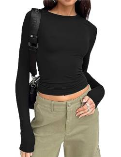 Cioatin Damen Langarm Rundhals Crop Top Tee Shirt Basic Solid Y2K Tight Slim Fit Cropped Shirt Workout Yoga, Schwarz, X-Klein von Cioatin