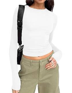 Cioatin Damen Langarm Rundhals Crop Top Tee Shirt Basic Solid Y2K Tight Slim Fit Cropped Shirt Workout Yoga, Weiss/opulenter Garten, Mittel von Cioatin