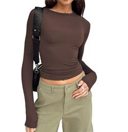 Cioatin Damen Langarm Rundhals Crop Top Tee Shirt Basic Solid Y2K Tight Slim Fit Cropped Shirt Workout Yoga, kaffeebraun, Klein von Cioatin