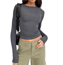 Cioatin Damen Langarm Rundhals Crop Top Tee Shirt Basic Solid Y2K Tight Slim Fit Cropped Shirt Workout Yoga, grau dunkel, Mittel von Cioatin