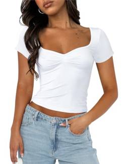 Cioatin Damen-T-Shirt mit süßem Herzausschnitt, kurzärmelig, bauchfreies Top, gerüscht, Sommer, Ausgehen, Y2K, für Teenager, Weiss/opulenter Garten, Klein von Cioatin