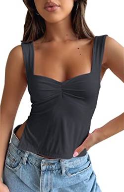 Cioatin Damen Y2K 2023 Ärmelloses Riemchen Crop Tank Top Sweetheart Rückenfrei Skinny Schlitze Plissee Bustier Cropped Cami, grau dunkel, Klein von Cioatin