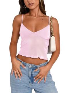 Cioatin Damen Y2K ärmelloses durchsichtiges Mesh V-Ausschnitt Crop Tank Cami Spaghettiträger Bustier Slim Backless Tops Ausgehen, Pink, Klein von Cioatin