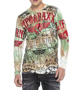 Cipo Baxx Herren Langarmshirt Longsleeve Batik Waschung Sweater Sweatshirt Pullover Biker Allover Print Grün-Braun M von Cipo & Baxx