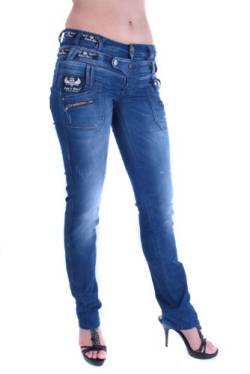 Cipo & Baxx Damen Jeans Hose Slim Fit Dreifachbund Used Straight Fit Denim Patches Pants CBW-0282 Blau W27 L34 von Cipo & Baxx