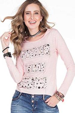 Cipo & Baxx Damen Longsleeve Langarmshirt Pullover Rundhals Shirt Stein-Besatz Design Ausgefallen Pink L von Cipo & Baxx