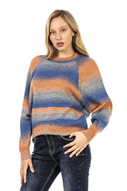 Cipo & Baxx Damen Strick Pullover Raglanärmeln Pulli Sweatshirt Streifen WP211 Blau-Orange XL von Cipo & Baxx