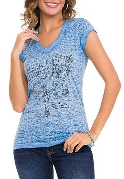 Cipo & Baxx Damen T-Shirt, V-Ausschnitt Kurzarm Baumwollmix Shirt, Design mit Funkelnde Strasssteine, Tops für Damen, Frau Sommer Outfits, Casual Klamotten für Teenager Mädchen, WT344, Blue, XL von Cipo & Baxx