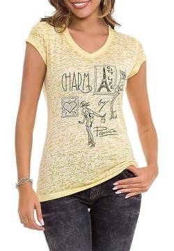 Cipo & Baxx Damen T-Shirt, V-Ausschnitt Kurzarm Baumwollmix Shirt, Design mit Funkelnde Strasssteine, Tops für Damen, Frau Sommer Outfits, Casual Klamotten für Teenager Mädchen, WT344, Yellow, S von Cipo & Baxx