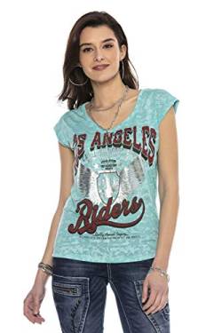 Cipo & Baxx Damen T-Shirt Kurzarm Shirt Print Rundhals Rückenschlitz WT300 Blau XL von Cipo & Baxx