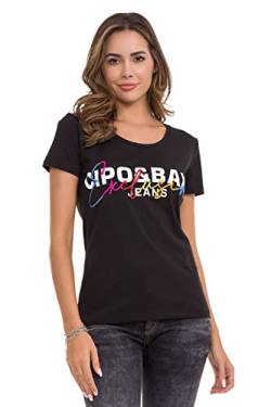 Cipo & Baxx Damen T-Shirt Stickerei Tops Shirt Kurzarm Baumwolle WT370 Schwarz XL von Cipo & Baxx