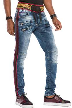 Cipo & Baxx Herren Ausgefallene Jeans Hose Fashion Used Design Pants gestreift mit Gummibund Blau W33 L32 von Cipo & Baxx