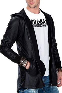 Cipo & Baxx Herren Jacke Kunstleder Jacke Kapuzenjacke Rockige Leder Jacke Übergangsjacke Oversizejacke Schwarz L von Cipo & Baxx