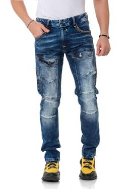 Cipo & Baxx Herren Jeans Hose Regular Fit Bikerhose Nieten Taschen Denim Freizeithose CD810 Blau W31 L32 von Cipo & Baxx