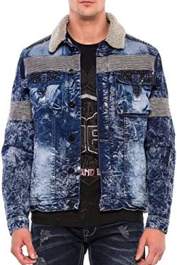 Cipo & Baxx Herren Jeansjacke Denim Biker Jacket Rider Waschung Jacke Freizeit Fellkragen Design Blau XL von Cipo & Baxx