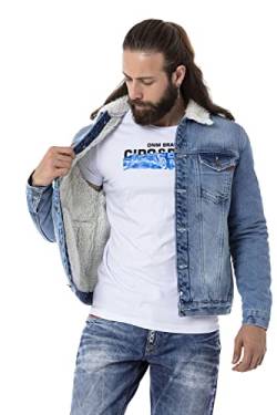 Cipo & Baxx Herren Jeansjacke Denim Gefüttert Übergangsjacke Fellkragen Herbst-Winter Jacke CJ294 Hellblau S von Cipo & Baxx