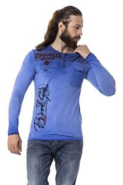 Cipo & Baxx Herren Langarmshirt Batik Knopfleiste Rundhals Brusttasche Print Longsleeve CL527 Blau M von Cipo & Baxx