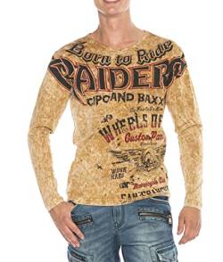 Cipo & Baxx Herren Langarmshirt Longsleeve Pullover Sweater Biker Allover-Print Rundhalsausschnitt Print Mustard S von Cipo & Baxx