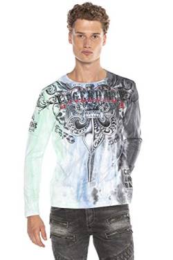 Cipo & Baxx Herren Langarmshirt Longsleeve Sweatshirt Sweater Pullover Print mit Batik Waschung Blau-Grün XXL von Cipo & Baxx