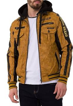 Cipo & Baxx Herren Lederjacke mit abnehmbarer Kapuze Kunstleder Bikerjacke CJ284 Mustard M von Cipo & Baxx