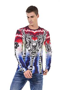 Cipo & Baxx Herren Longshirt Shirt Totenkopf Frabverlauf Design Longsleeve Sweater CL484 Rot-Blau S von Cipo & Baxx