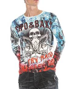 Cipo & Baxx Herren Longsleeve Langarmshirt Totenkopf Farbig Sweatshirt Sweater Print Blau S von Cipo & Baxx