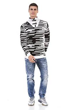 Cipo & Baxx Herren Pullover Strickpullover Sweater Langarm Doppelkragen Schlaufen Reißverschluss CP245 Weiß-Schwarz S von Cipo & Baxx