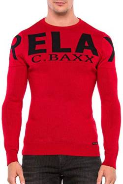 Cipo & Baxx Herren Rippenstrickpullover Strickmuster Logo Pullover Langarm Klassich Rundhalsausschnitt Sweater Sweatshirt Pulli Rot XL von Cipo & Baxx