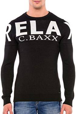 Cipo & Baxx Herren Rippenstrickpullover Strickmuster Logo Pullover Langarm Klassich Rundhalsausschnitt Sweater Sweatshirt Pulli Schwarz S von Cipo & Baxx