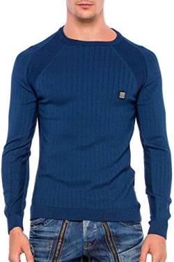 Cipo & Baxx Herren Strickpullover Rippenstrickpulli Rundhalsausschnitt Sweatshirt Raglanärmel Slim Body Fit Blau XL von Cipo & Baxx