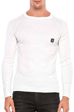 Cipo & Baxx Herren Strickpullover Rippenstrickpulli Rundhalsausschnitt Sweatshirt Raglanärmel Slim Body Fit Weiß XXL von Cipo & Baxx