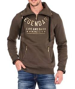 Cipo & Baxx Herren Sweatshirt Pullover Langarmshirt Sweater Zipperkragen 3D-Schriftzüge Khaki M von Cipo & Baxx